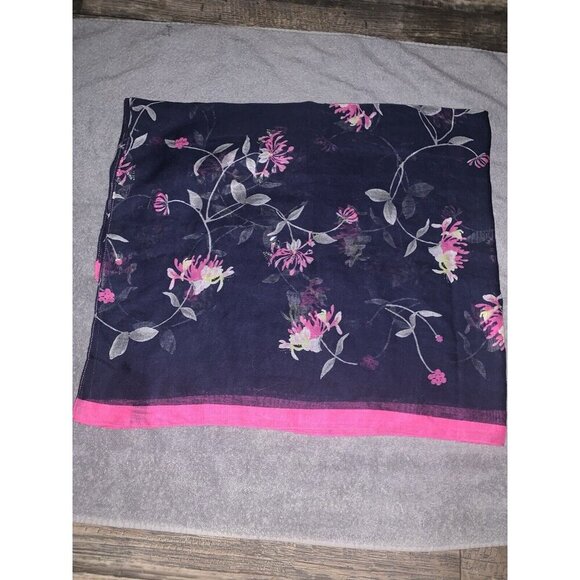 Joules Clothing Great Britain Semi sheer long Wrap Scarf‎ Blue Floral Pink Hem - Picture 1 of 5